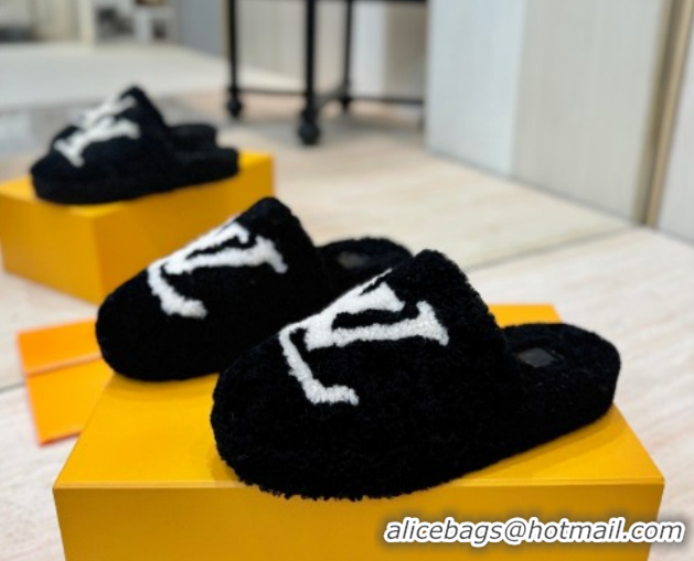 Luxurious Louis Vuitton Wool Platform Slides Sandal 2cm Black LV102206 1022126