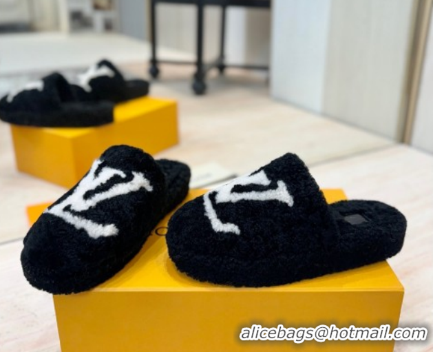 Luxurious Louis Vuitton Wool Platform Slides Sandal 2cm Black LV102206 1022126