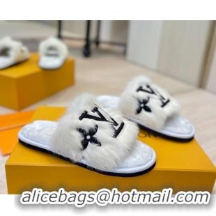 Durable Louis Vuitton Mink Fur and Wool Flat Slides Sandal White LV102207 1022130