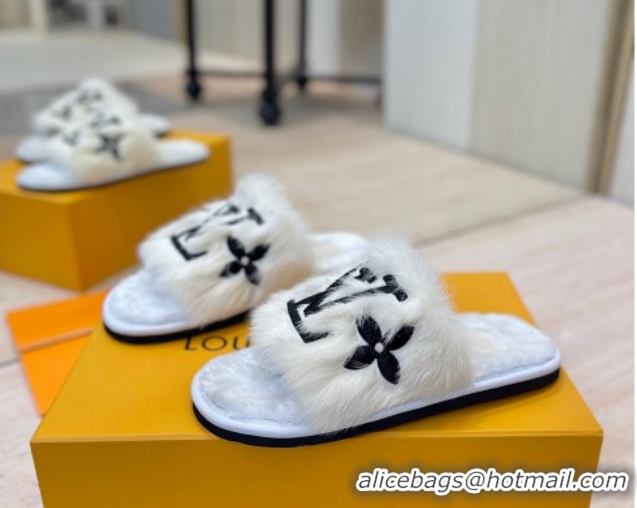 Durable Louis Vuitton Mink Fur and Wool Flat Slides Sandal White LV102207 1022130