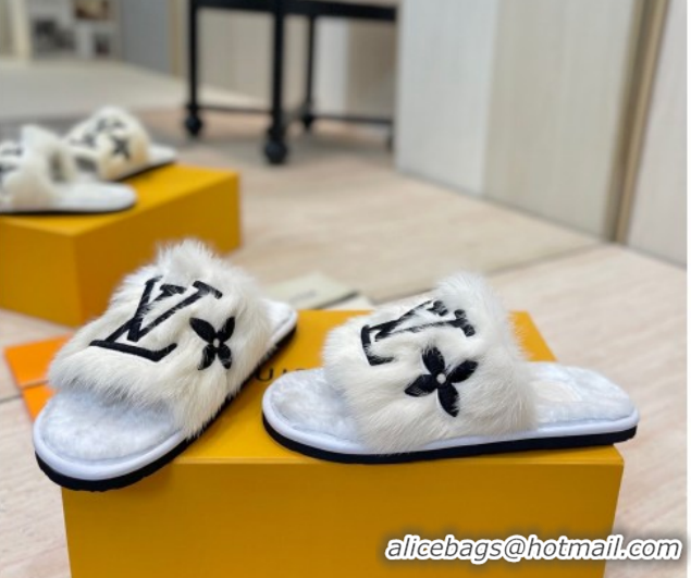 Durable Louis Vuitton Mink Fur and Wool Flat Slides Sandal White LV102207 1022130