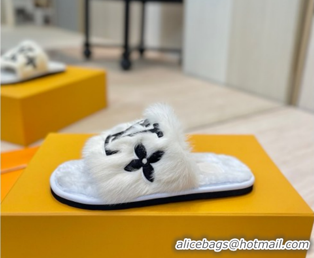 Durable Louis Vuitton Mink Fur and Wool Flat Slides Sandal White LV102207 1022130