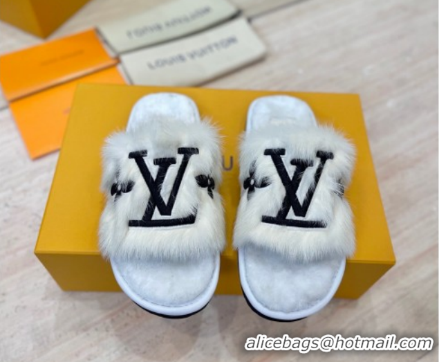 Durable Louis Vuitton Mink Fur and Wool Flat Slides Sandal White LV102207 1022130