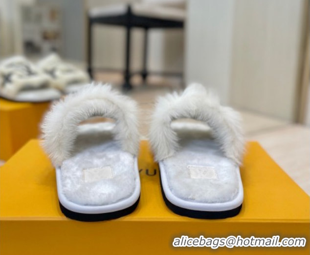 Durable Louis Vuitton Mink Fur and Wool Flat Slides Sandal White LV102207 1022130