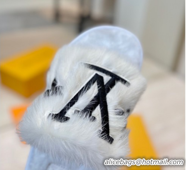 Durable Louis Vuitton Mink Fur and Wool Flat Slides Sandal White LV102207 1022130