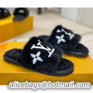 Most Popular Louis Vuitton Mink Fur and Wool Flat Slides Sandal Black LV102207 1022131