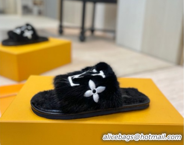 Most Popular Louis Vuitton Mink Fur and Wool Flat Slides Sandal Black LV102207 1022131