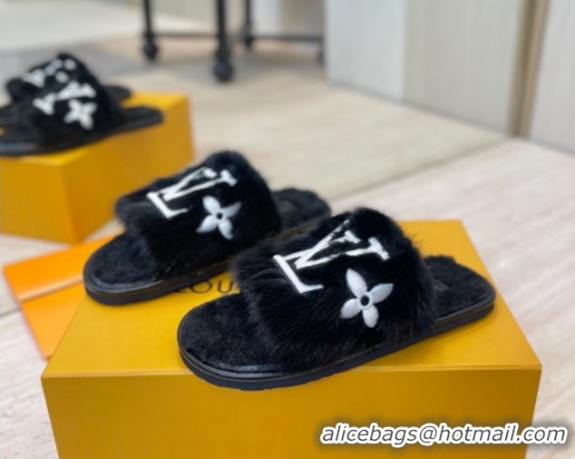 Most Popular Louis Vuitton Mink Fur and Wool Flat Slides Sandal Black LV102207 1022131