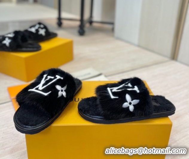Most Popular Louis Vuitton Mink Fur and Wool Flat Slides Sandal Black LV102207 1022131