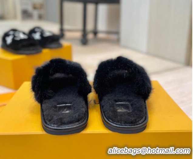 Most Popular Louis Vuitton Mink Fur and Wool Flat Slides Sandal Black LV102207 1022131
