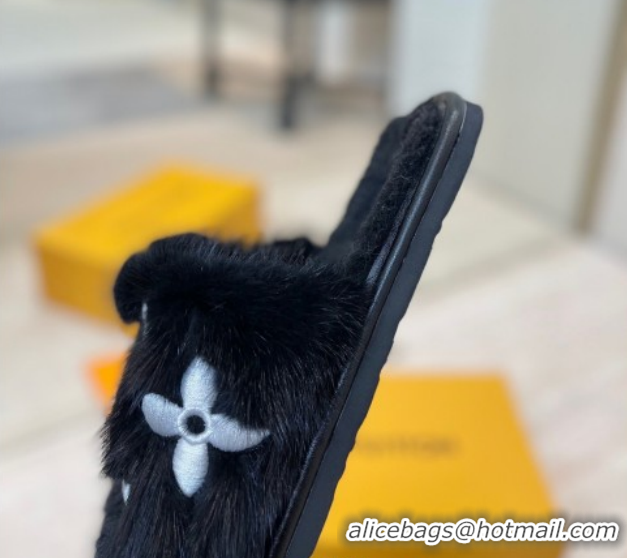 Most Popular Louis Vuitton Mink Fur and Wool Flat Slides Sandal Black LV102207 1022131