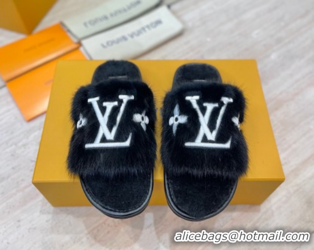 Most Popular Louis Vuitton Mink Fur and Wool Flat Slides Sandal Black LV102207 1022131