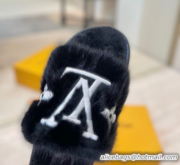 Most Popular Louis Vuitton Mink Fur and Wool Flat Slides Sandal Black LV102207 1022131