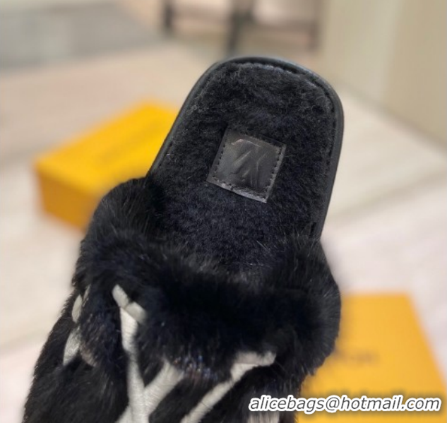 Most Popular Louis Vuitton Mink Fur and Wool Flat Slides Sandal Black LV102207 1022131