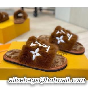 Unique Style Louis Vuitton Mink Fur and Wool Flat Slides Sandal Brown 2025 LV102207 1022132
