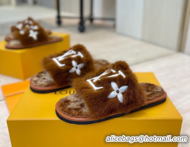 Unique Style Louis Vuitton Mink Fur and Wool Flat Slides Sandal Brown 2025 LV102207 1022132