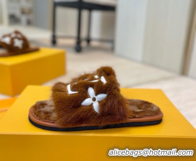 Unique Style Louis Vuitton Mink Fur and Wool Flat Slides Sandal Brown 2025 LV102207 1022132