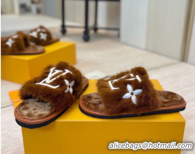 Unique Style Louis Vuitton Mink Fur and Wool Flat Slides Sandal Brown 2025 LV102207 1022132
