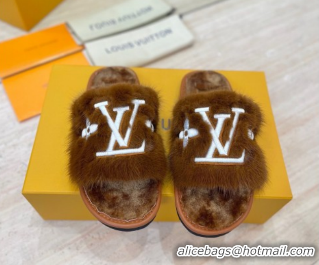 Unique Style Louis Vuitton Mink Fur and Wool Flat Slides Sandal Brown 2025 LV102207 1022132