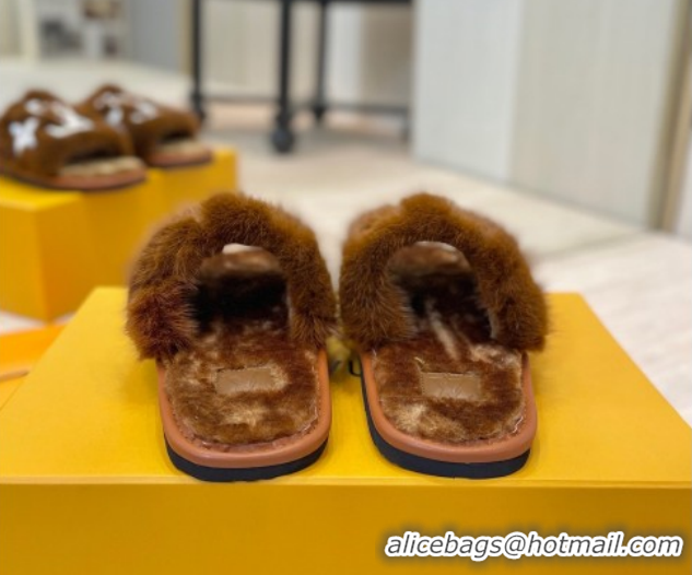 Unique Style Louis Vuitton Mink Fur and Wool Flat Slides Sandal Brown 2025 LV102207 1022132