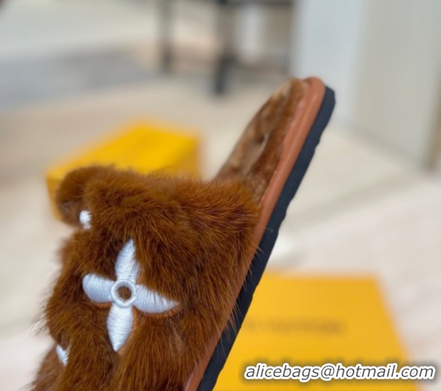 Unique Style Louis Vuitton Mink Fur and Wool Flat Slides Sandal Brown 2025 LV102207 1022132