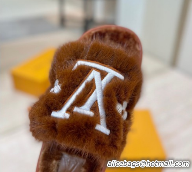 Unique Style Louis Vuitton Mink Fur and Wool Flat Slides Sandal Brown 2025 LV102207 1022132