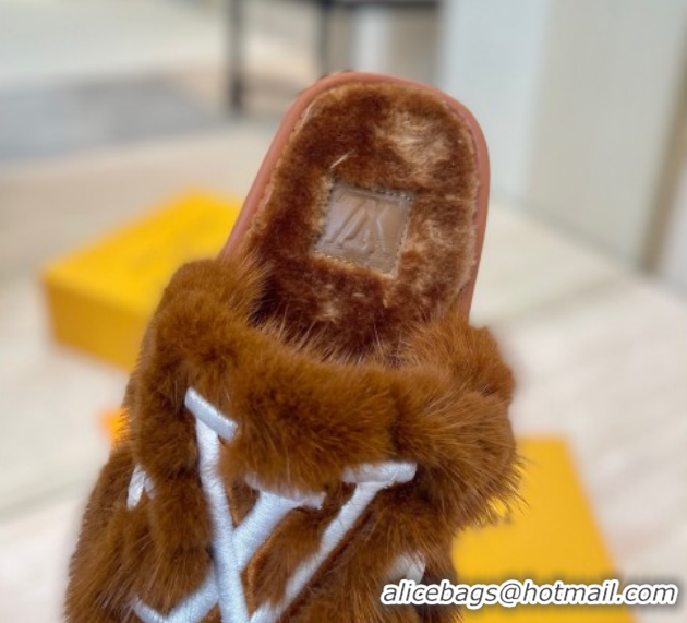 Unique Style Louis Vuitton Mink Fur and Wool Flat Slides Sandal Brown 2025 LV102207 1022132