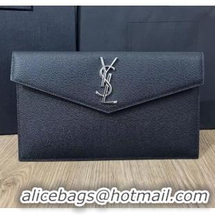 Top Grade Saint Laurent Uptown Pouch in Grained Leather 565739 Black/Silver 2025