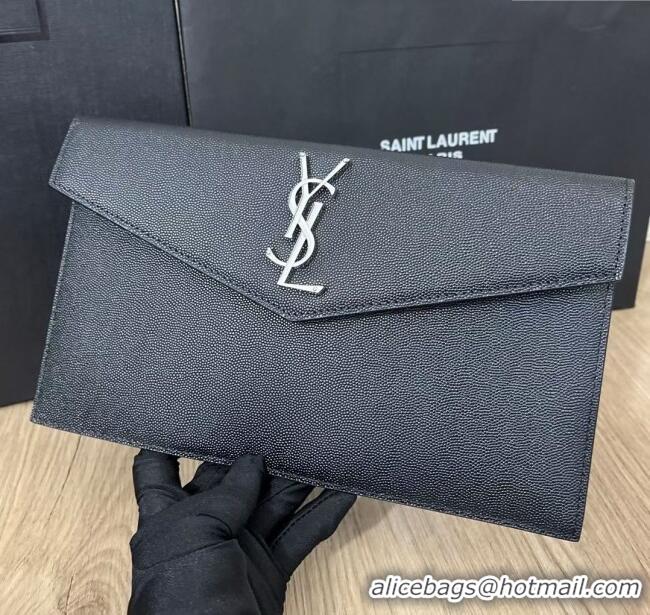 Top Grade Saint Laurent Uptown Pouch in Grained Leather 565739 Black/Silver 2025