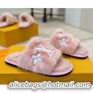 Good Quality Louis Vuitton Mink Fur and Wool Flat Slides Sandal Pink LV102207 1022133