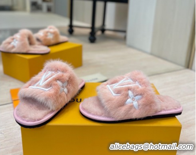 Good Quality Louis Vuitton Mink Fur and Wool Flat Slides Sandal Pink LV102207 1022133