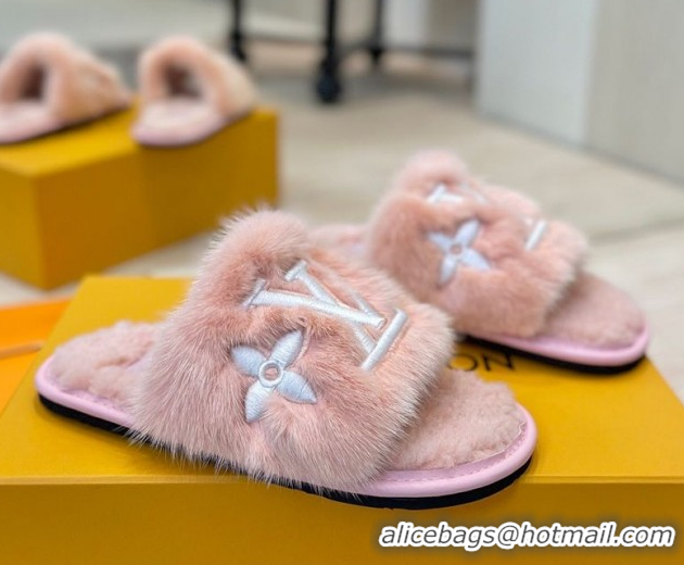 Good Quality Louis Vuitton Mink Fur and Wool Flat Slides Sandal Pink LV102207 1022133