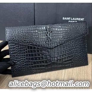 Promotional Saint Laurent Uptown Pouch in Crocodile Embossed Shiny Leather 565739 All Black 2024