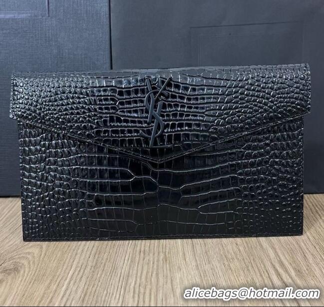 Promotional Saint Laurent Uptown Pouch in Crocodile Embossed Shiny Leather 565739 All Black 2024