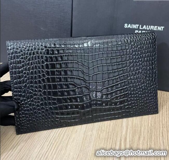 Promotional Saint Laurent Uptown Pouch in Crocodile Embossed Shiny Leather 565739 All Black 2024