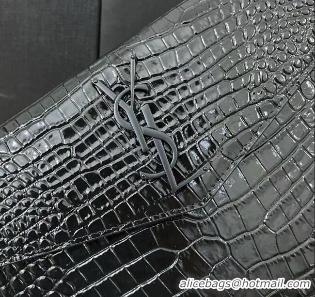 Promotional Saint Laurent Uptown Pouch in Crocodile Embossed Shiny Leather 565739 All Black 2024