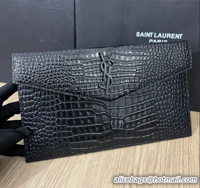 Promotional Saint Laurent Uptown Pouch in Crocodile Embossed Shiny Leather 565739 All Black 2024