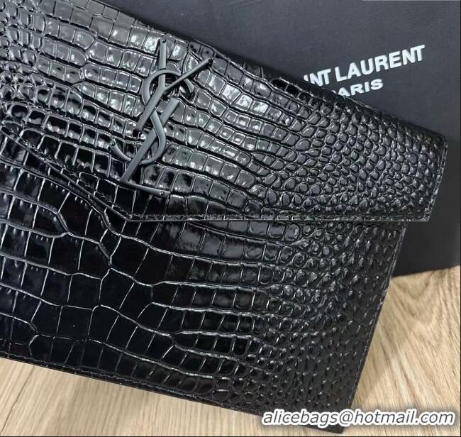 Promotional Saint Laurent Uptown Pouch in Crocodile Embossed Shiny Leather 565739 All Black 2024