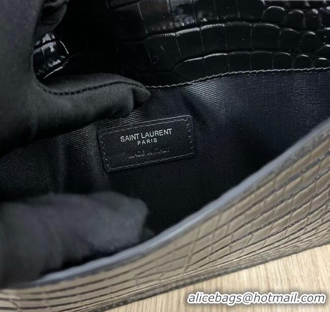 Promotional Saint Laurent Uptown Pouch in Crocodile Embossed Shiny Leather 565739 All Black 2024