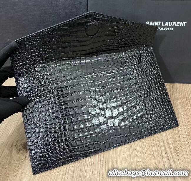 Promotional Saint Laurent Uptown Pouch in Crocodile Embossed Shiny Leather 565739 All Black 2024