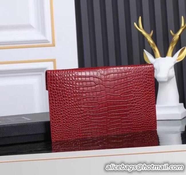 Shop Cheap Saint Laurent Uptown Pouch in Crocodile Embossed Shiny Leather 565739 Burgundy/Gold 2024