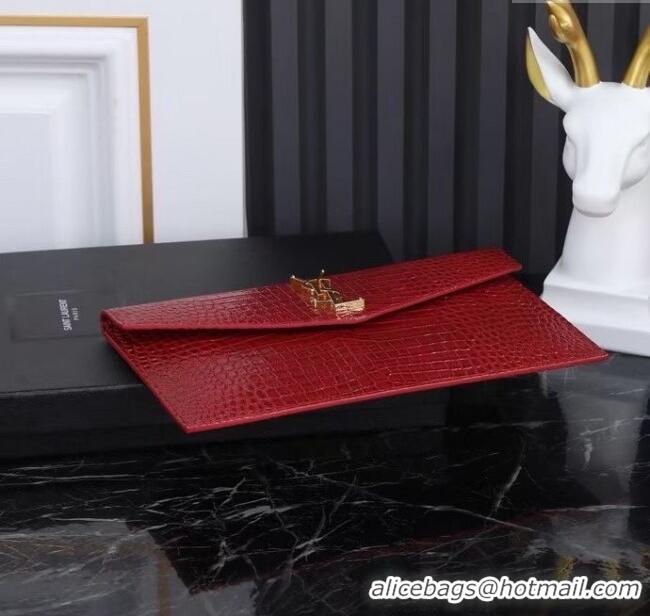 Shop Cheap Saint Laurent Uptown Pouch in Crocodile Embossed Shiny Leather 565739 Burgundy/Gold 2024