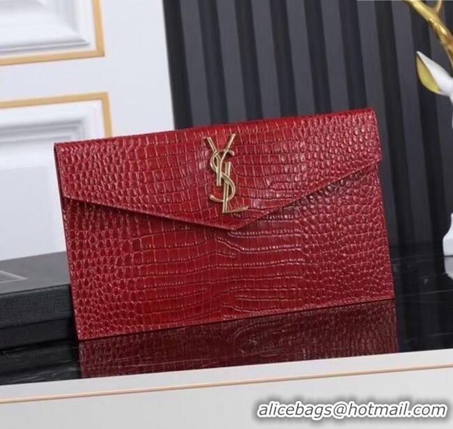 Shop Cheap Saint Laurent Uptown Pouch in Crocodile Embossed Shiny Leather 565739 Burgundy/Gold 2024