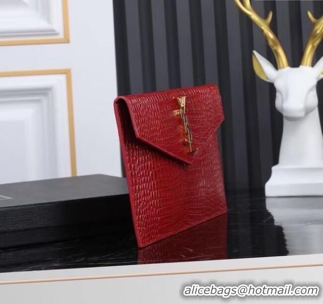 Shop Cheap Saint Laurent Uptown Pouch in Crocodile Embossed Shiny Leather 565739 Burgundy/Gold 2024