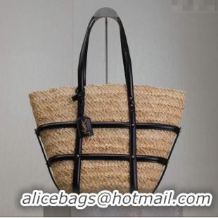 Inexpensive Saint Laurent Panier Straw Medium Basket Bag 685634 Beige/Black 2025