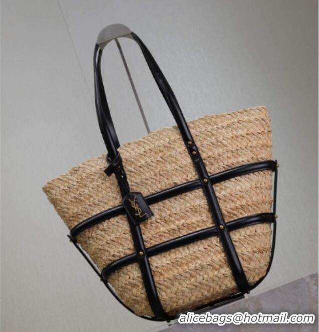 Inexpensive Saint Laurent Panier Straw Medium Basket Bag 685634 Beige/Black 2025