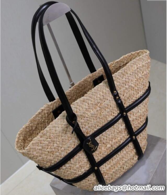 Inexpensive Saint Laurent Panier Straw Medium Basket Bag 685634 Beige/Black 2025