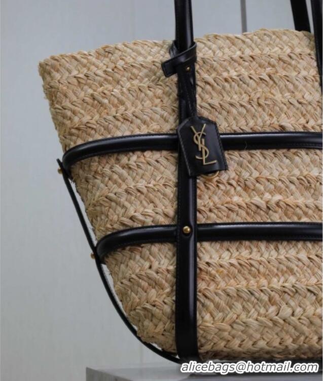 Inexpensive Saint Laurent Panier Straw Medium Basket Bag 685634 Beige/Black 2025