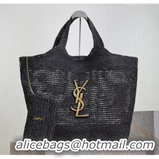 Buy Discount Saint Laurent Icare Maxi Shopping Bag in Woven Raffia Straw 698651 Black 2025