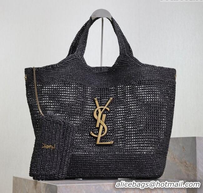 Buy Discount Saint Laurent Icare Maxi Shopping Bag in Woven Raffia Straw 698651 Black 2025